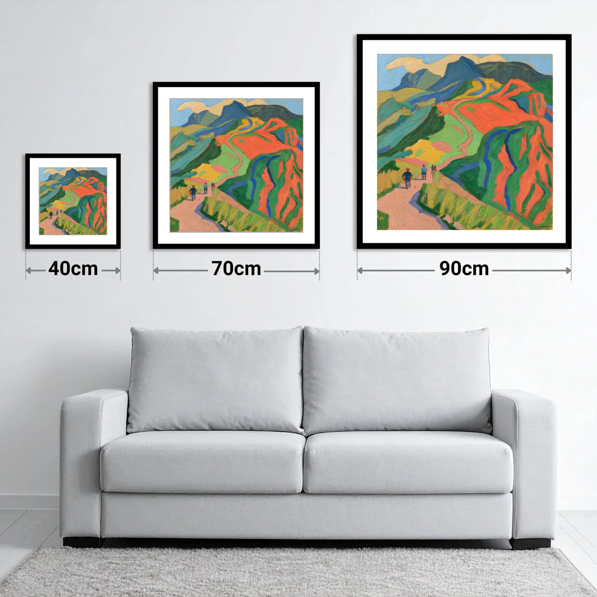Walkers on a Vivid Fell Path - size guide showing 40cm, 70cm and 90cm art prints