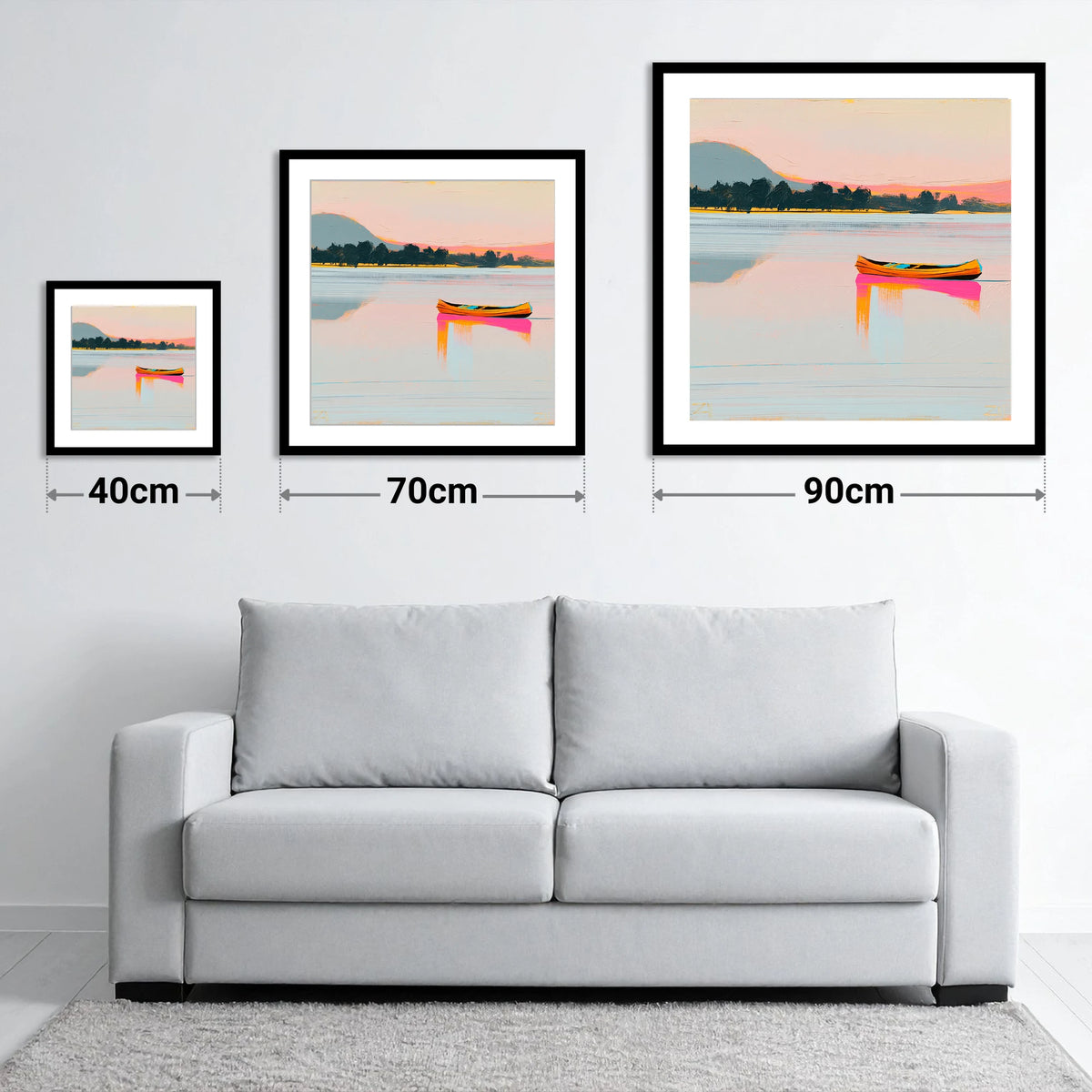 Bright Wooden Canoe on Windermere - size guide showing 40cm, 70cm and 90cm art prints