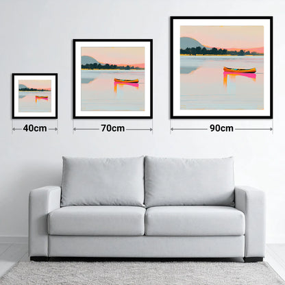 Bright Wooden Canoe on Windermere - size guide showing 40cm, 70cm and 90cm art prints