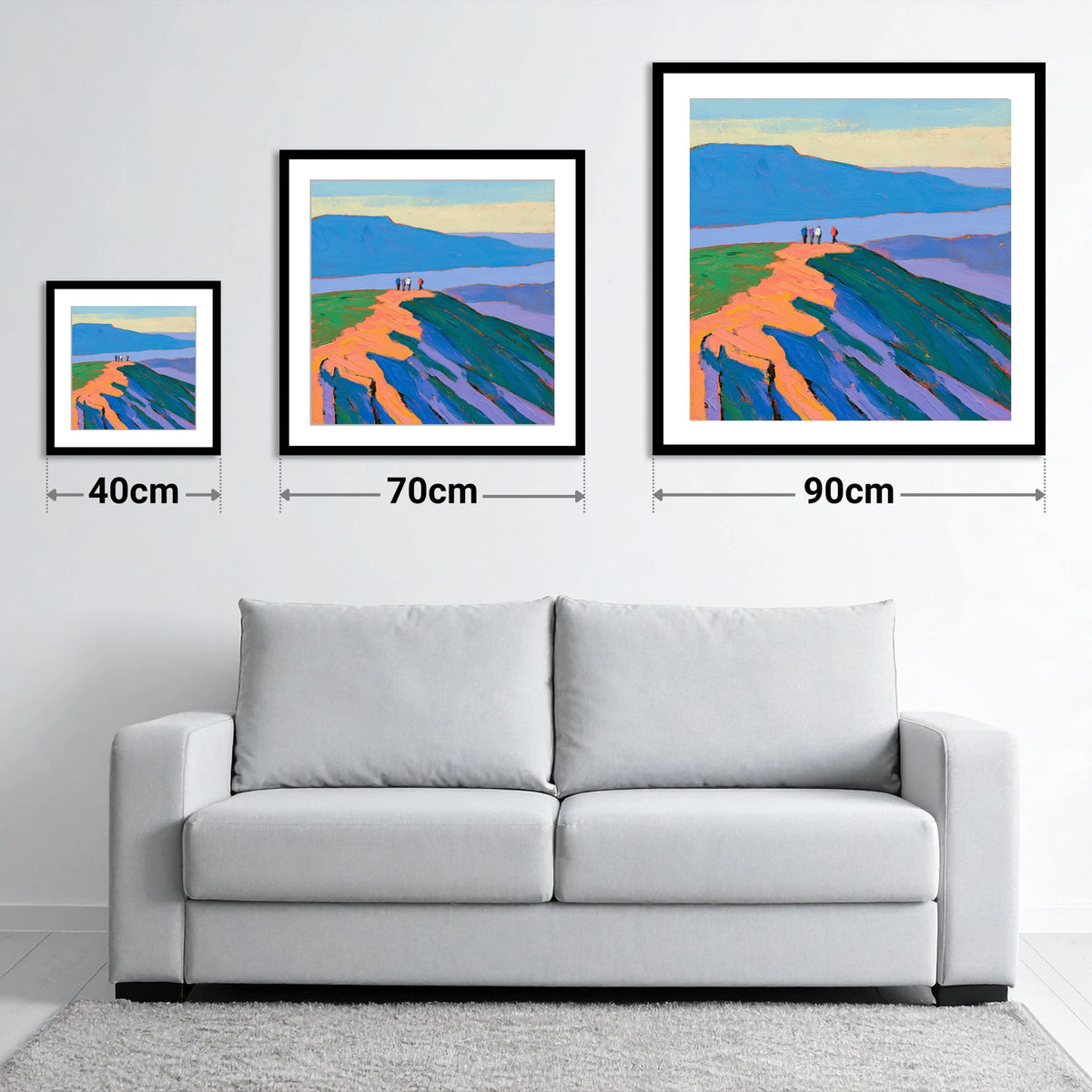 Vibrant Fell Top Hikers - size guide showing 40cm, 70cm and 90cm art prints