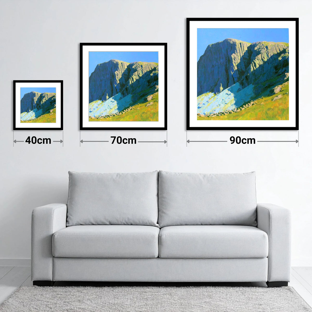 Sunlit Great End Rock Face - size guide showing 40cm, 70cm and 90cm art prints
