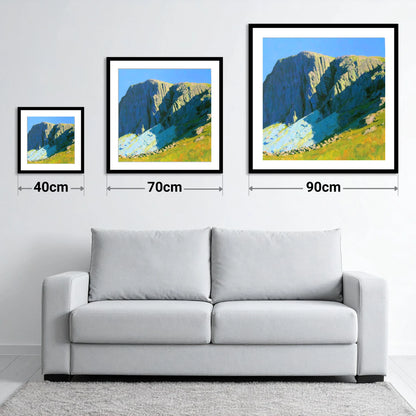 Sunlit Great End Rock Face - size guide showing 40cm, 70cm and 90cm art prints