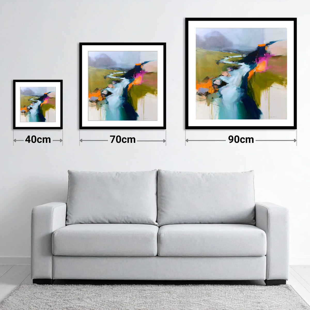 Dynamic Abstract Fellside Beck - size guide showing 40cm, 70cm and 90cm art prints