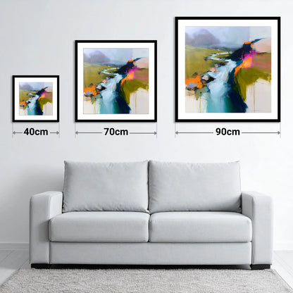 Dynamic Abstract Fellside Beck - size guide showing 40cm, 70cm and 90cm art prints
