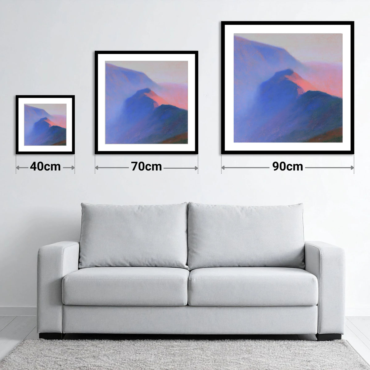 Pink Twilight on Misty Ridge - size guide showing 40cm, 70cm and 90cm art prints