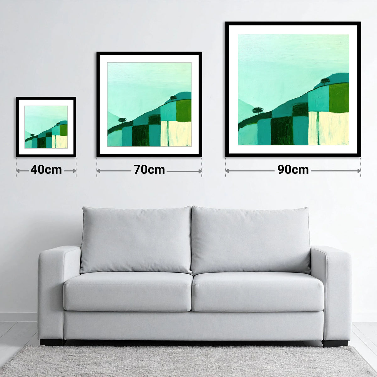 Misty Teal Mountain Ridge - size guide showing 40cm, 70cm and 90cm art prints