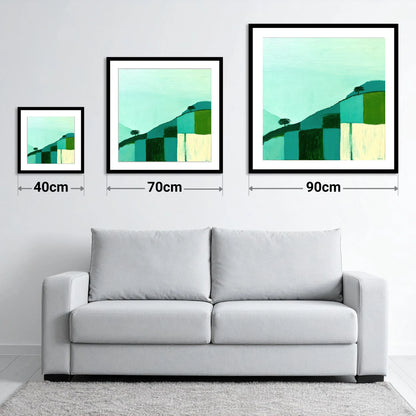Misty Teal Mountain Ridge - size guide showing 40cm, 70cm and 90cm art prints