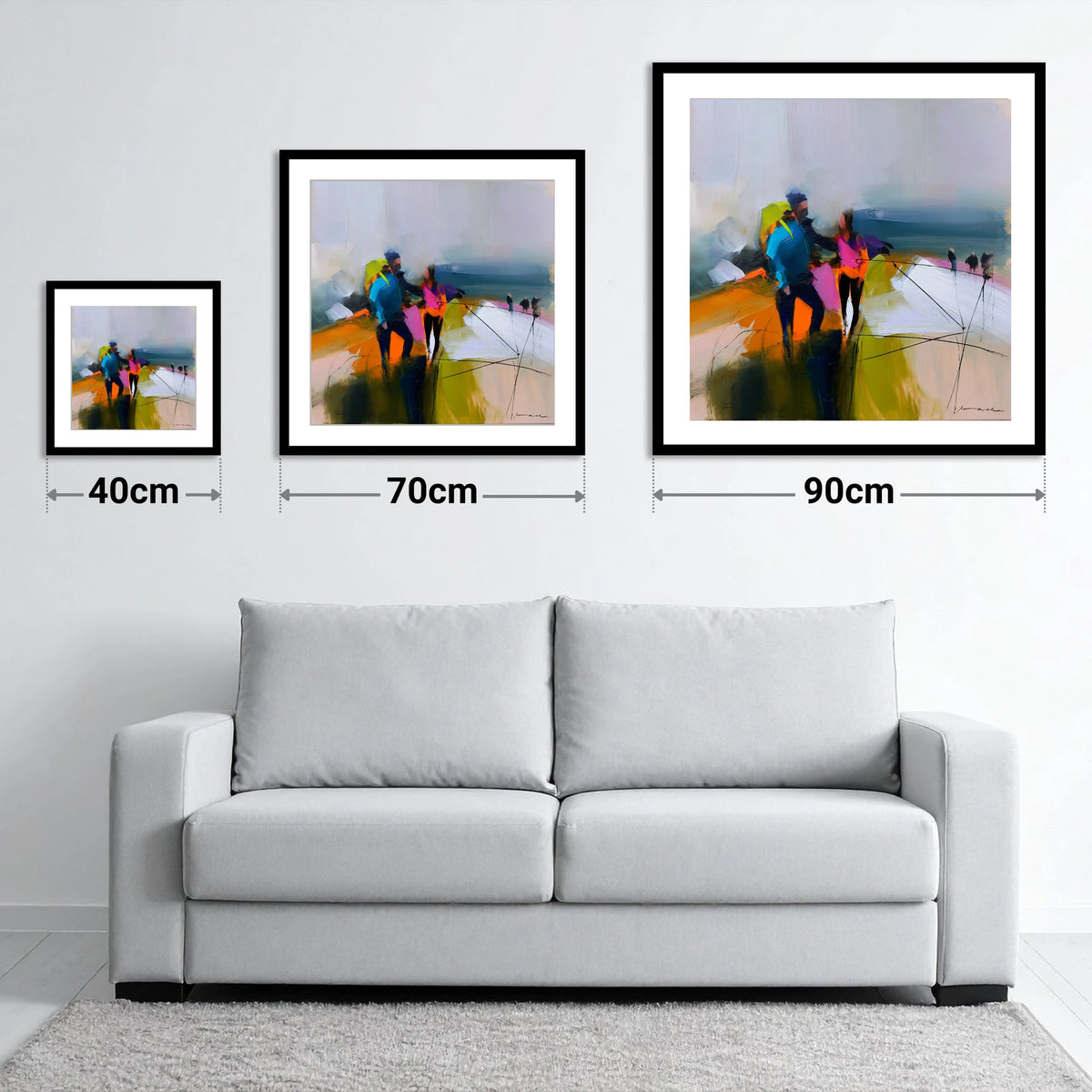 Bold Hikers on a High Fell - size guide showing 40cm, 70cm and 90cm art prints