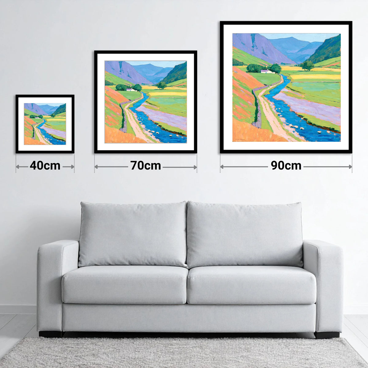 Winding Beck Through Vibrant Fells - size guide showing 40cm, 70cm and 90cm art prints