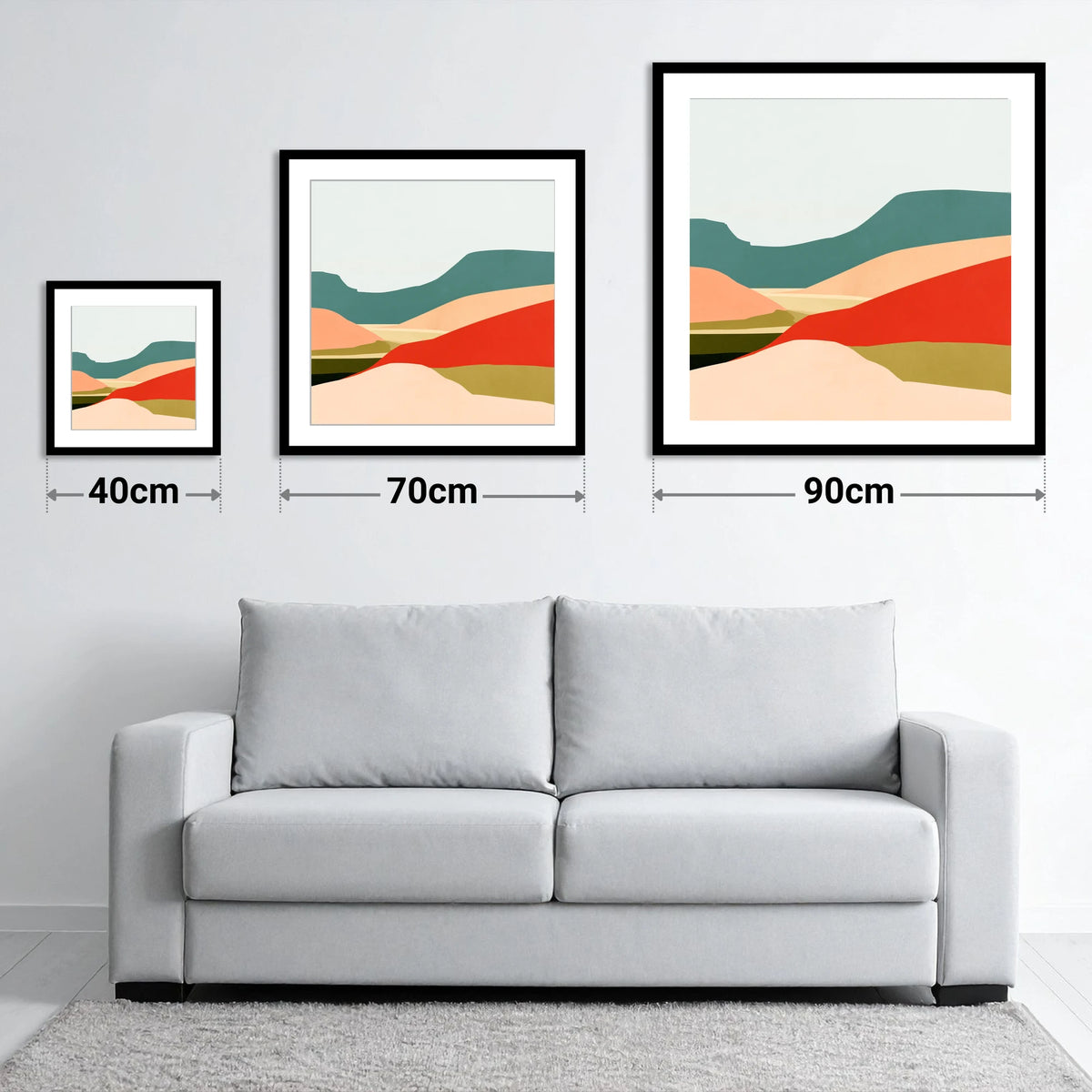 Abstract Dale Patchwork Fields - size guide showing 40cm, 70cm and 90cm art prints