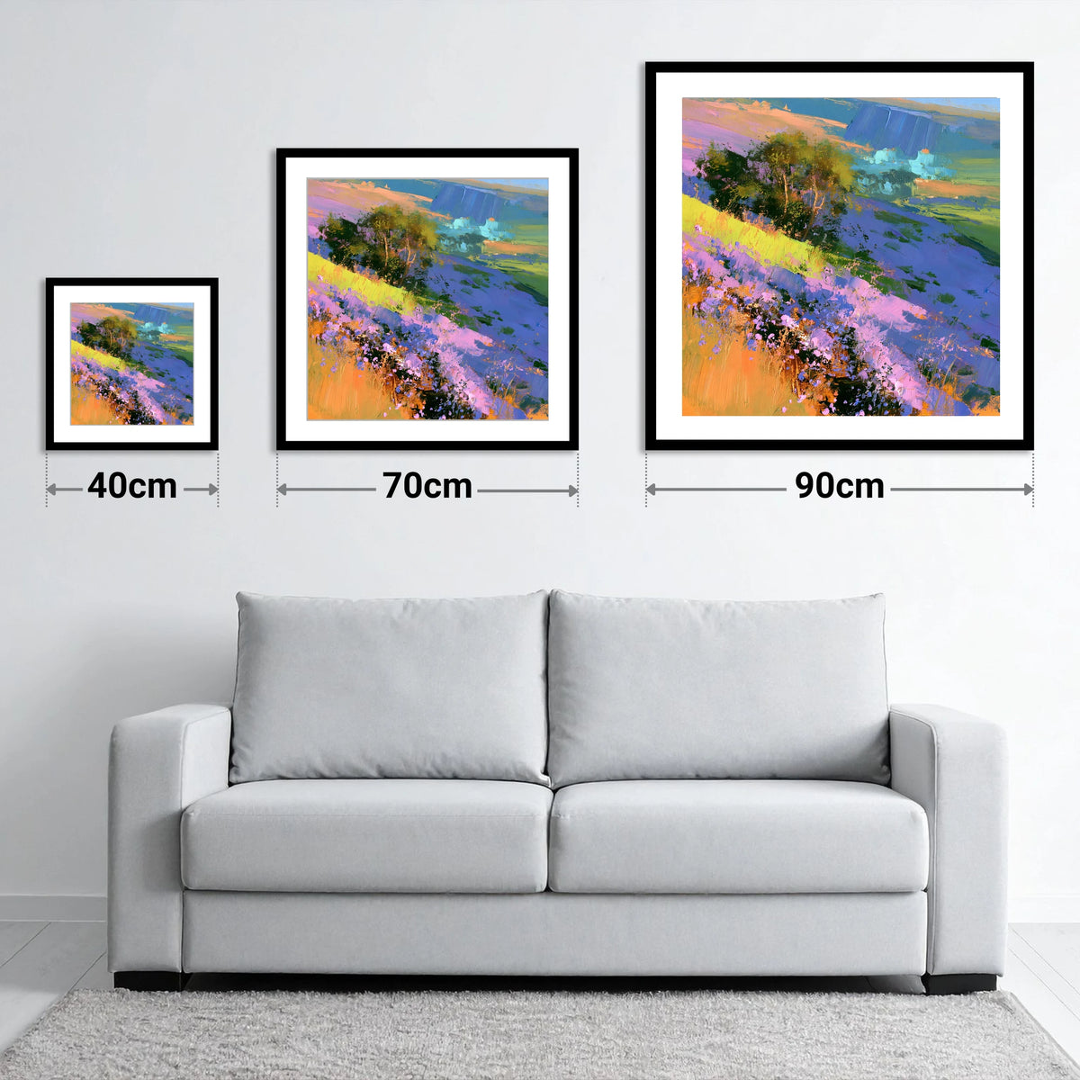 Vibrant Heather Fellside in Bloom - size guide showing 40cm, 70cm and 90cm art prints