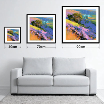 Vibrant Heather Fellside in Bloom - size guide showing 40cm, 70cm and 90cm art prints