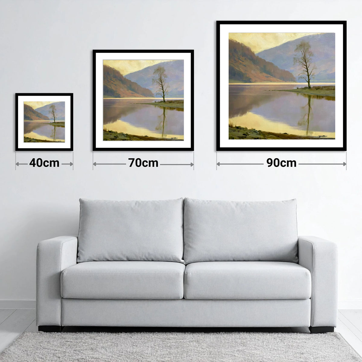 Lone Tree at Bassenthwaite Lake - size guide showing 40cm, 70cm and 90cm art prints