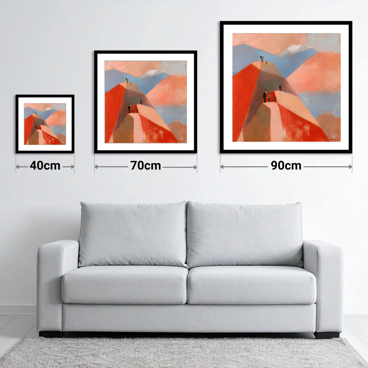Hikers on Terracotta Fell Top - size guide showing 40cm, 70cm and 90cm art prints