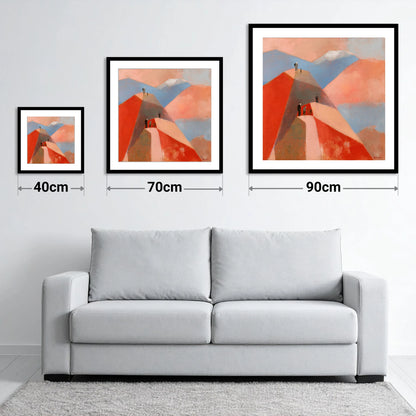 Hikers on Terracotta Fell Top - size guide showing 40cm, 70cm and 90cm art prints