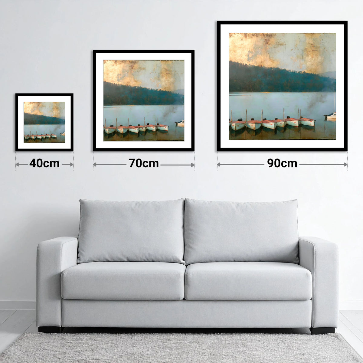 Windermere Boats Under Gold Skies - size guide showing 40cm, 70cm and 90cm art prints
