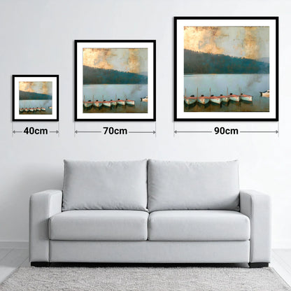 Windermere Boats Under Gold Skies - size guide showing 40cm, 70cm and 90cm art prints