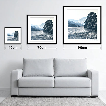 Grasmere Lake in Navy Blue - size guide showing 40cm, 70cm and 90cm art prints