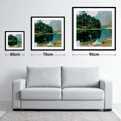Buttermere Pines in Modern Light - size guide showing 40cm, 70cm and 90cm art prints
