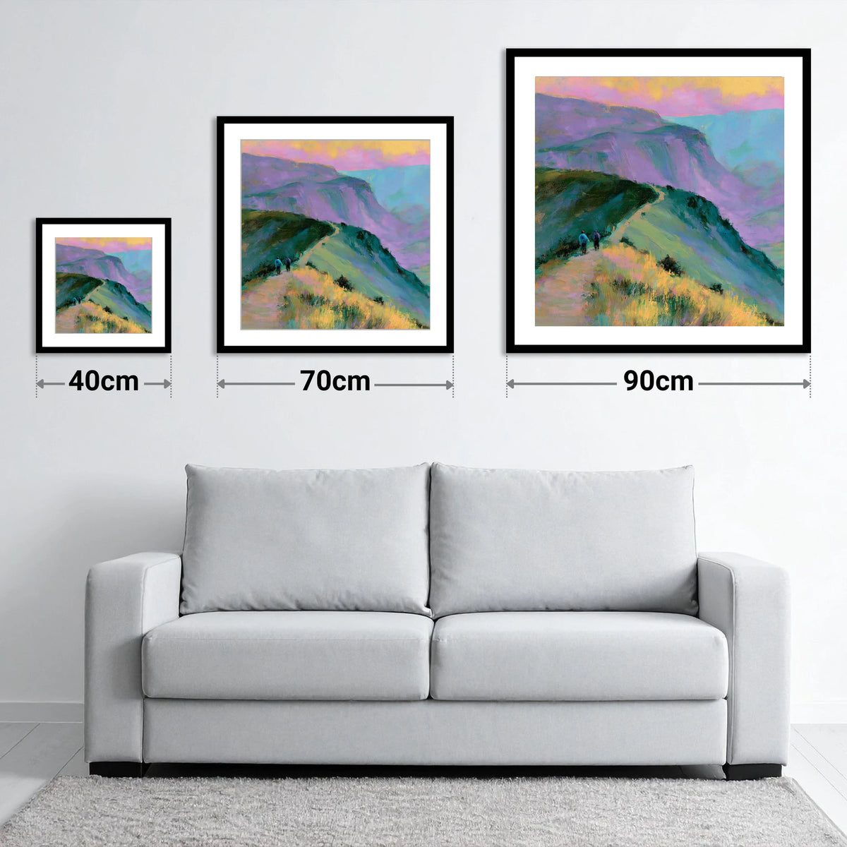 Fell Walkers in Pastel Light - size guide showing 40cm, 70cm and 90cm art prints