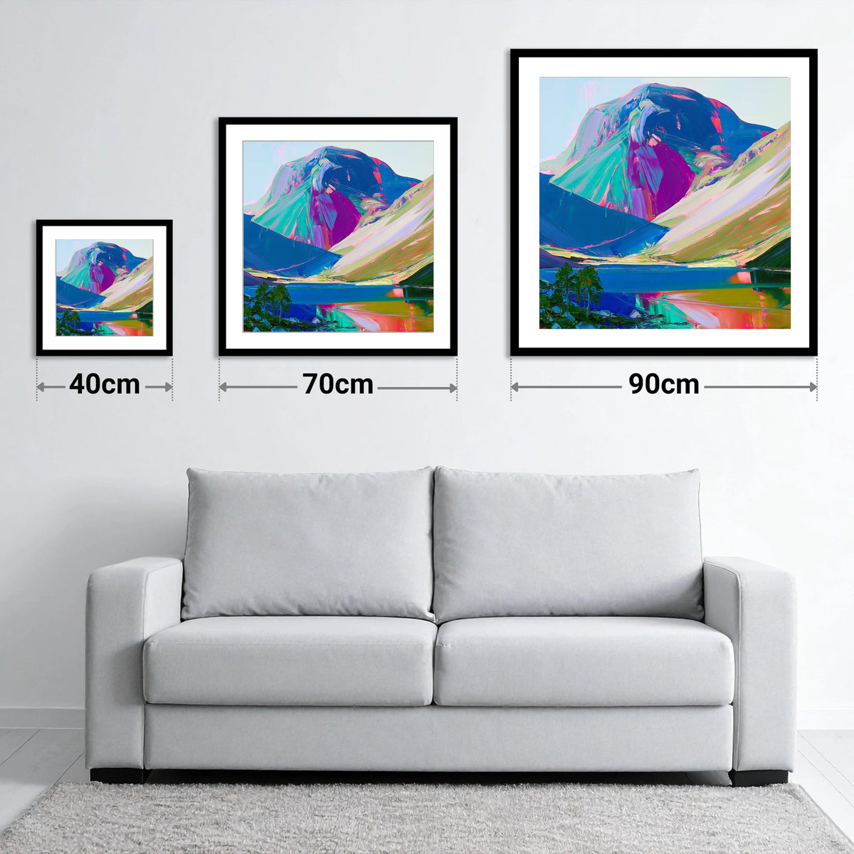 Vibrant Great Gable Valley Head - size guide showing 40cm, 70cm and 90cm art prints