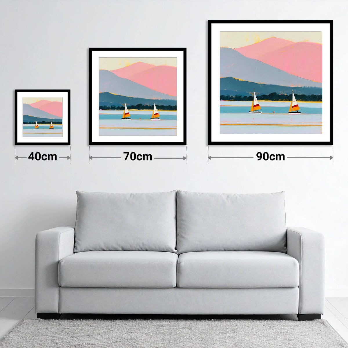 Windermere Sailboats and Pink Fells - size guide showing 40cm, 70cm and 90cm art prints