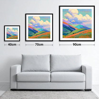 Vibrant Rolling Fells Under Cloud - size guide showing 40cm, 70cm and 90cm art prints