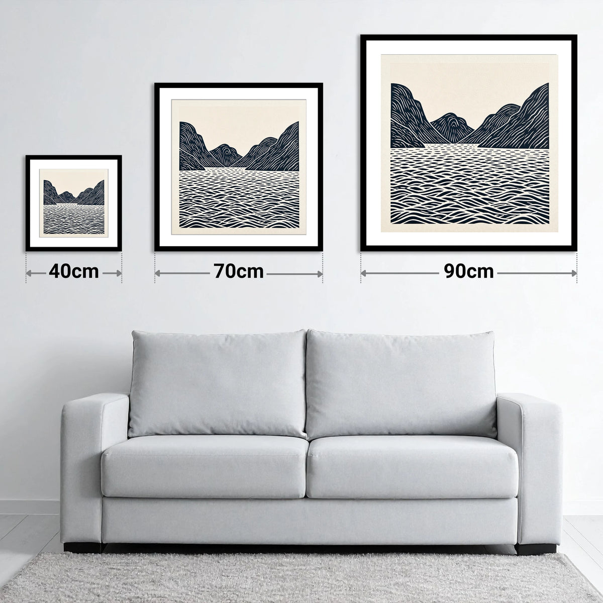 Dark Fells over Wastwater - size guide showing 40cm, 70cm and 90cm art prints