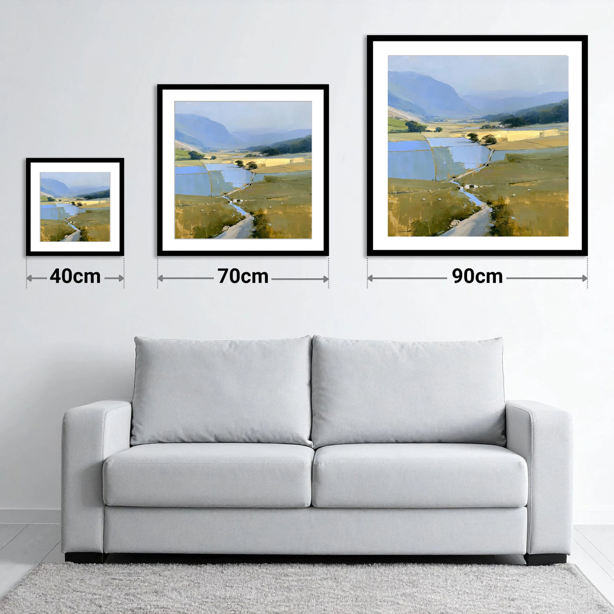 Luminous Patchwork Fields in a Dale - size guide showing 40cm, 70cm and 90cm art prints