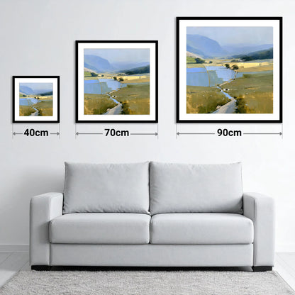 Luminous Patchwork Fields in a Dale - size guide showing 40cm, 70cm and 90cm art prints