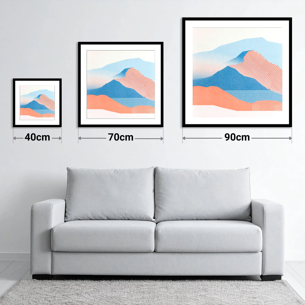 Graphic Coral Mountain Ridge - size guide showing 40cm, 70cm and 90cm art prints