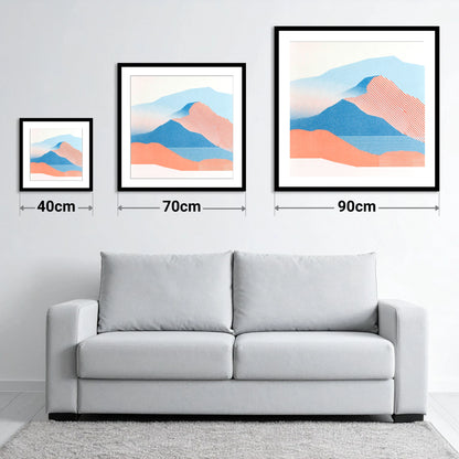 Graphic Coral Mountain Ridge - size guide showing 40cm, 70cm and 90cm art prints