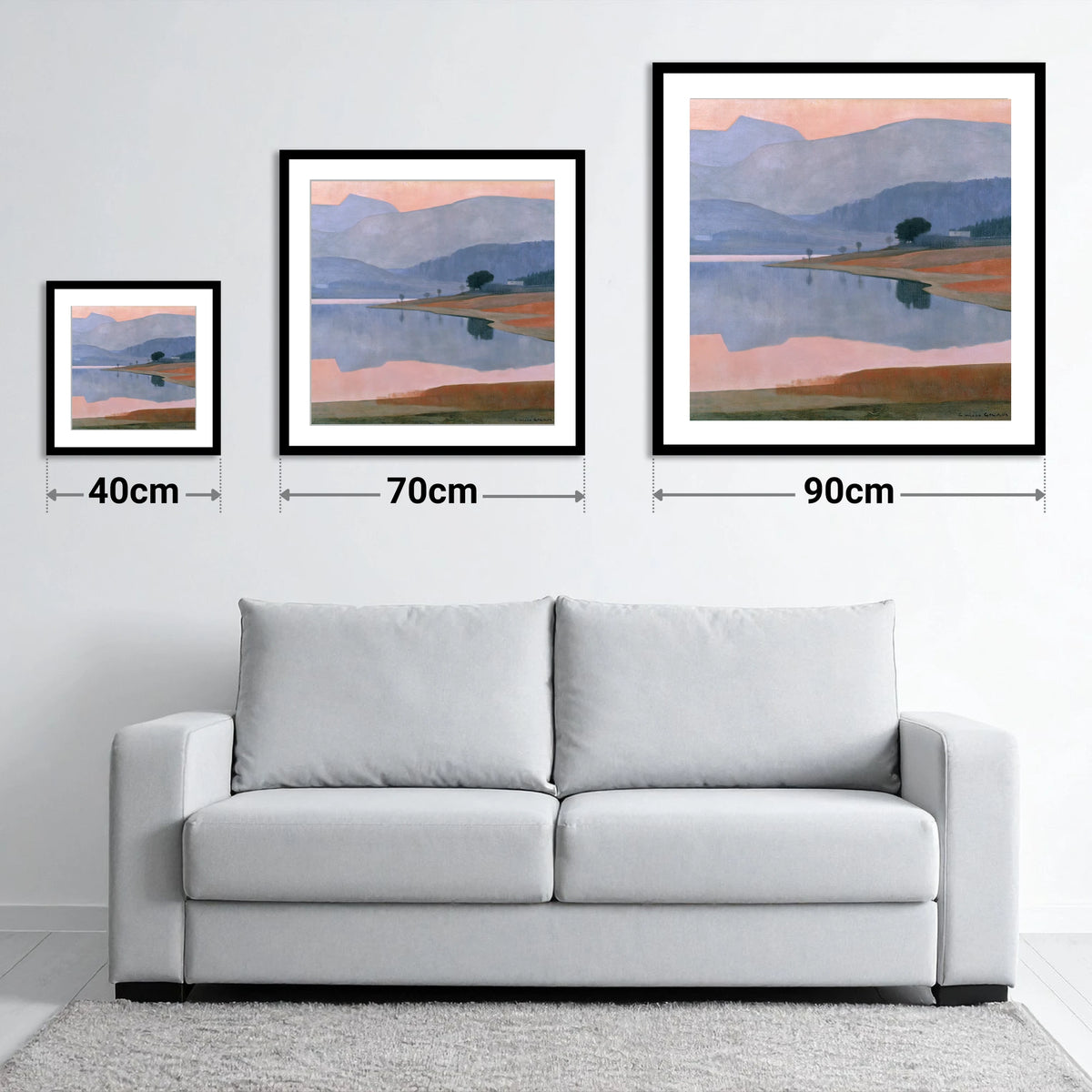 Lavender Fells and Still Lake - size guide showing 40cm, 70cm and 90cm art prints