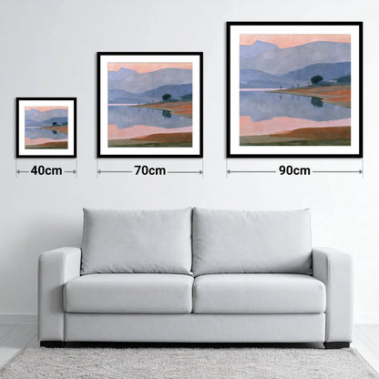 Lavender Fells and Still Lake - size guide showing 40cm, 70cm and 90cm art prints