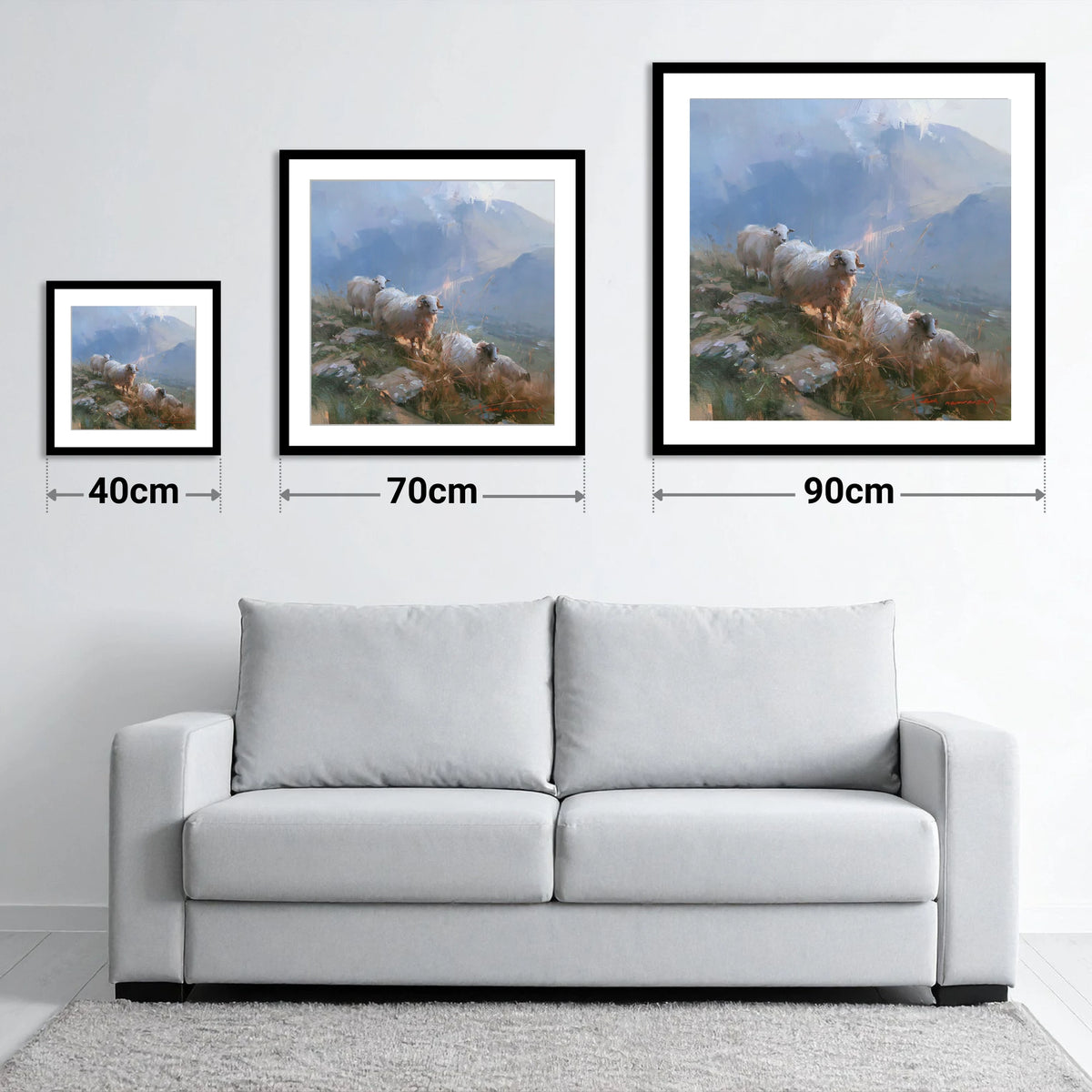 Herdwick Sheep on a Sunlit Fell - size guide showing 40cm, 70cm and 90cm art prints