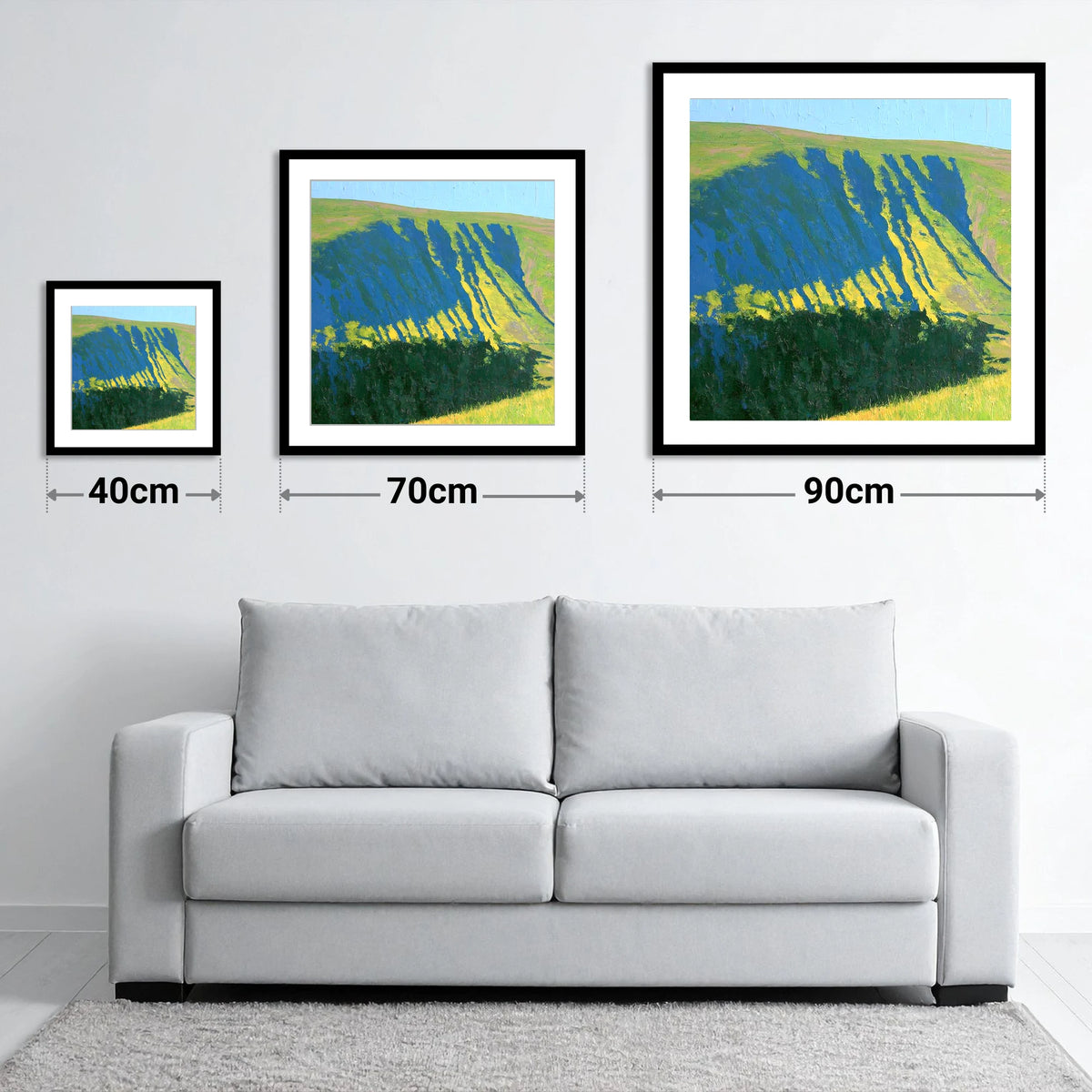 Sunlit Gullies of Wether Hill - size guide showing 40cm, 70cm and 90cm art prints