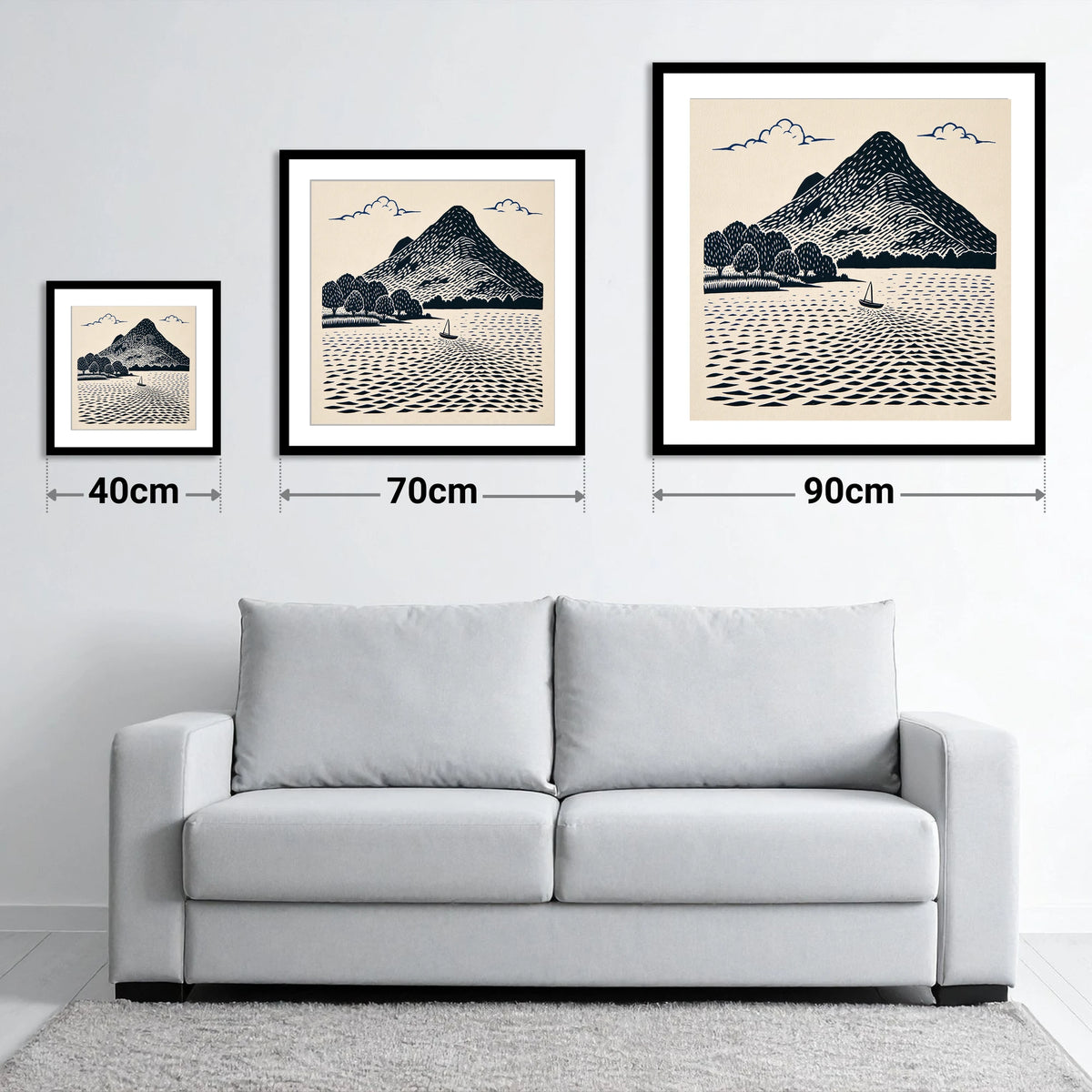Graphic Catbells and Sailing Boat - size guide showing 40cm, 70cm and 90cm art prints