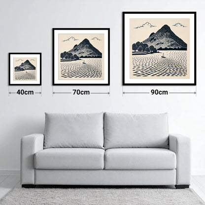 Graphic Catbells and Sailing Boat - size guide showing 40cm, 70cm and 90cm art prints