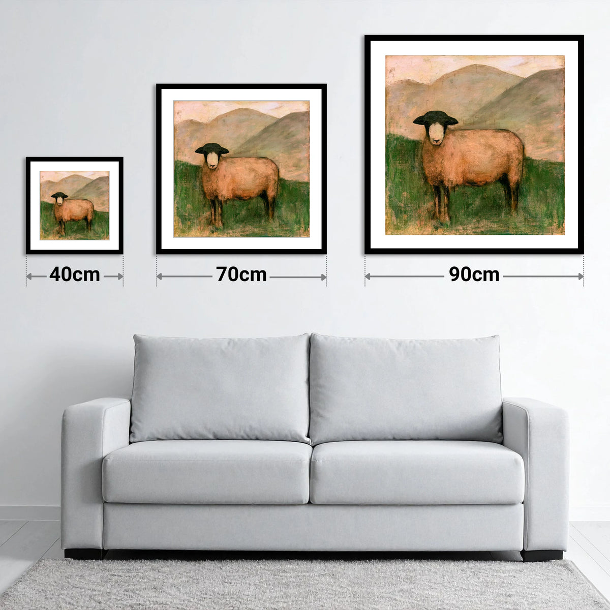 Herdwick Sheep on Warm Fellside - size guide showing 40cm, 70cm and 90cm art prints