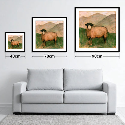 Herdwick Sheep on Warm Fellside - size guide showing 40cm, 70cm and 90cm art prints