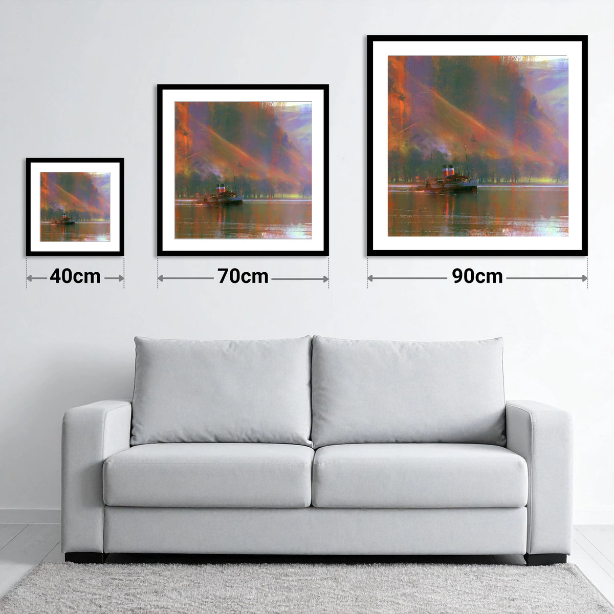 Ullswater Steamer Under Radiant Fells - size guide showing 40cm, 70cm and 90cm art prints