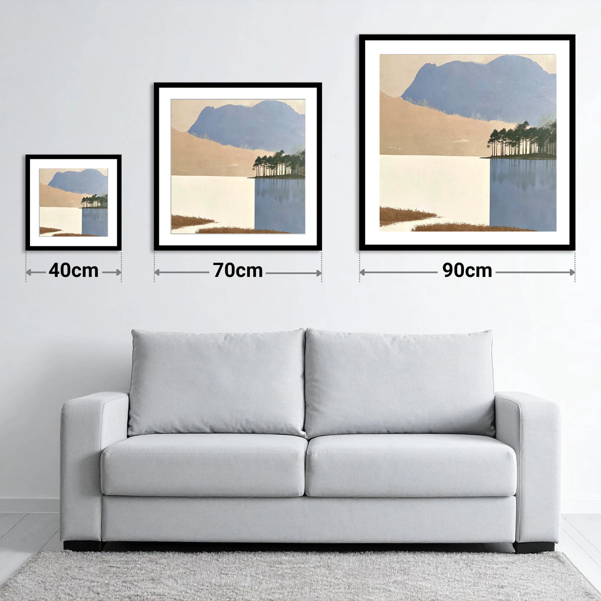 Tarn Hows Pines and Slate Fells - size guide showing 40cm, 70cm and 90cm art prints