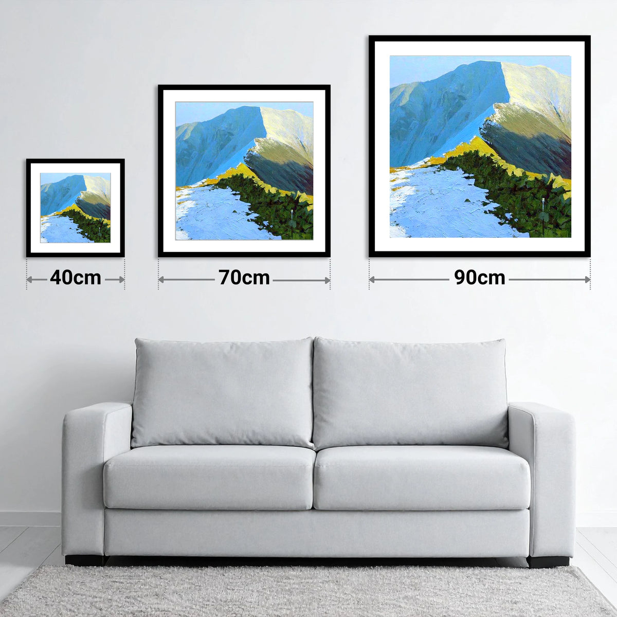Sunlit Snow on Fairfield Ridge - size guide showing 40cm, 70cm and 90cm art prints