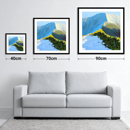 Sunlit Snow on Fairfield Ridge - size guide showing 40cm, 70cm and 90cm art prints