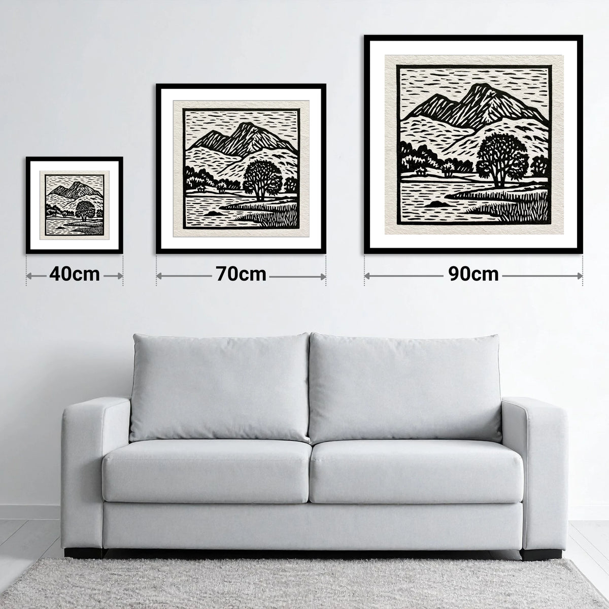 Monochrome Fells Over Grasmere - size guide showing 40cm, 70cm and 90cm art prints