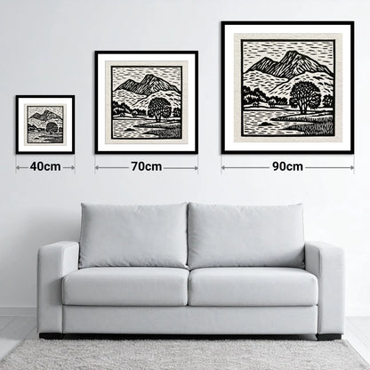 Monochrome Fells Over Grasmere - size guide showing 40cm, 70cm and 90cm art prints