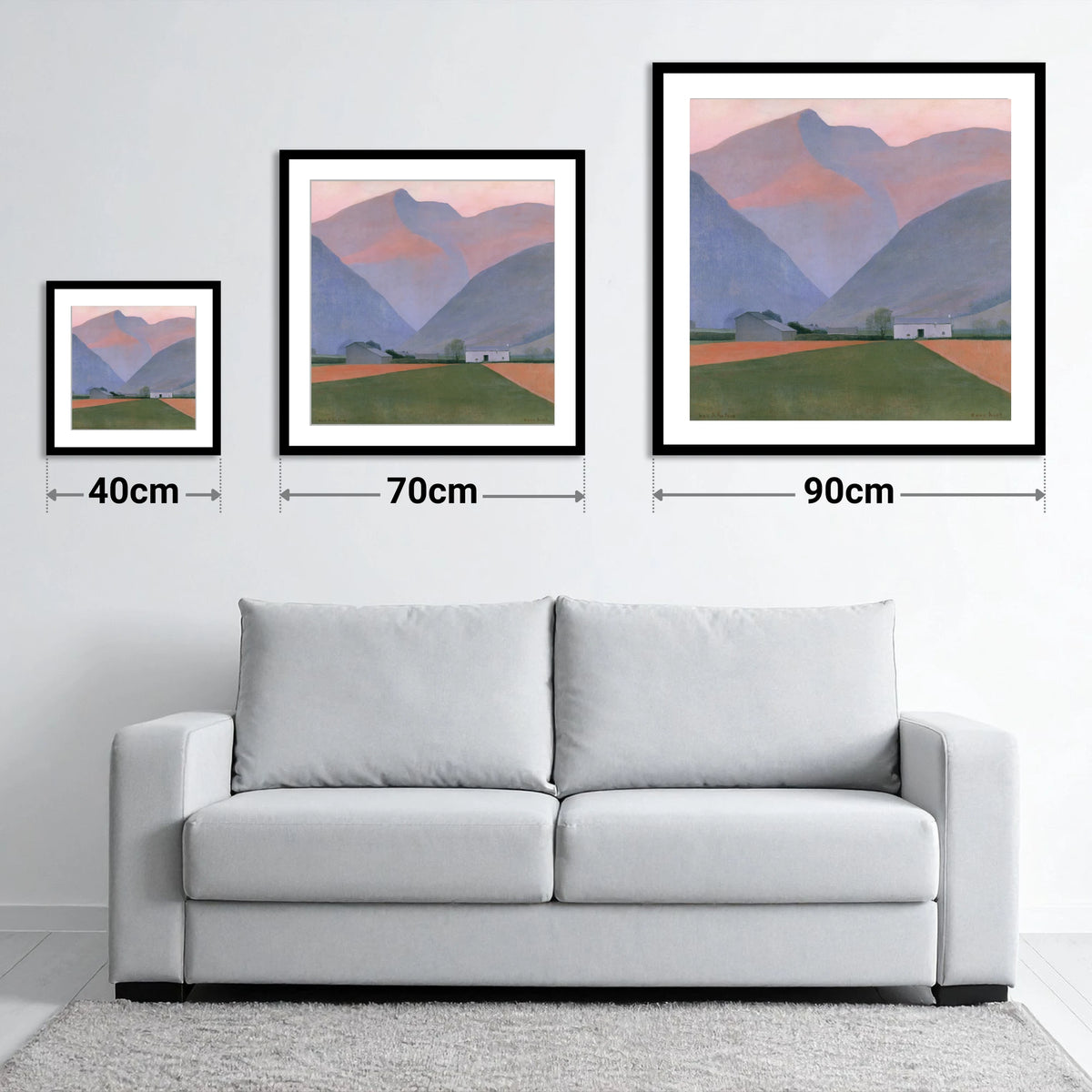 Valley Farm Beneath Pastel Fells - size guide showing 40cm, 70cm and 90cm art prints