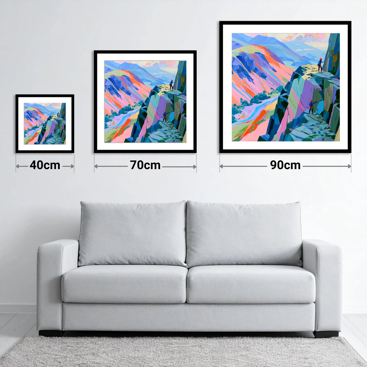 Rock Climbers on Vibrant Crag - size guide showing 40cm, 70cm and 90cm art prints