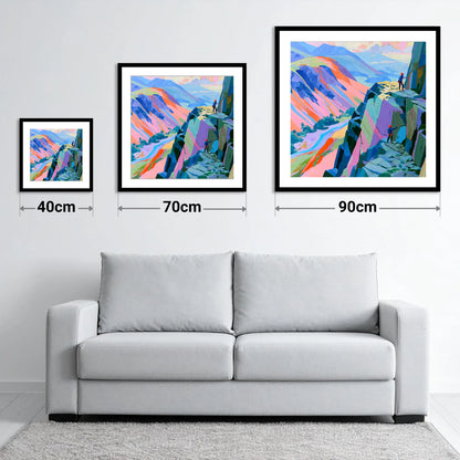 Rock Climbers on Vibrant Crag - size guide showing 40cm, 70cm and 90cm art prints