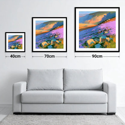 Vibrant Purple Heather Fellside - size guide showing 40cm, 70cm and 90cm art prints